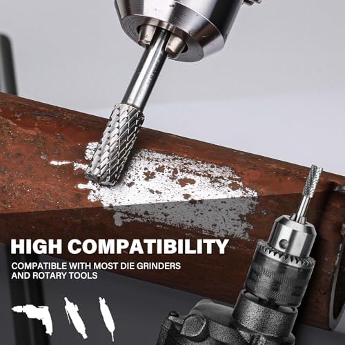 HAUTMEC Tungsten Carbide Rotary Burr Bit YG6, 1/4" Shank Double Cut Die Grinder Bit, Low Vibration Precision Rotary File for Metal Grinding, Engraving & Deburring (6MM Cylindrical), HT0196