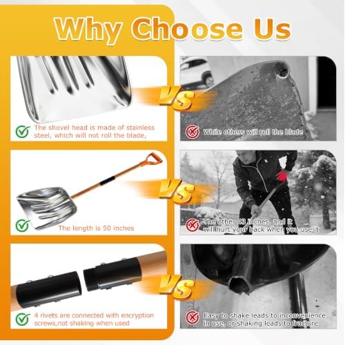 Scoop Shovel, Snow Shovel for Driveway, Non-Slip Wood Handle, D-Handle