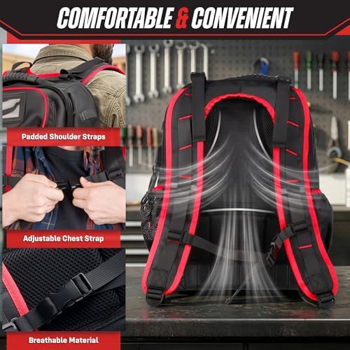 Tool Backpack Heavy Duty Tool Bag with Laptop Sleeve, USB Charging Port, Side Pouches, Multi Pockets and Rubber Base - Electrician, Handyman, Construction, Carpentry Work or Jobsite Tote by Stalwart
