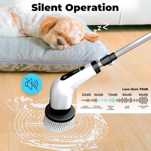 Electric Spin Scrubber with Digital Display, Cordless Cleaning Brush, 3000mAh Battery (90 Min), 8 Replaceable Brush Heads, Adjustable Extension Handle, Dual Speed Power Scrubber for Tub, Tile & Floor