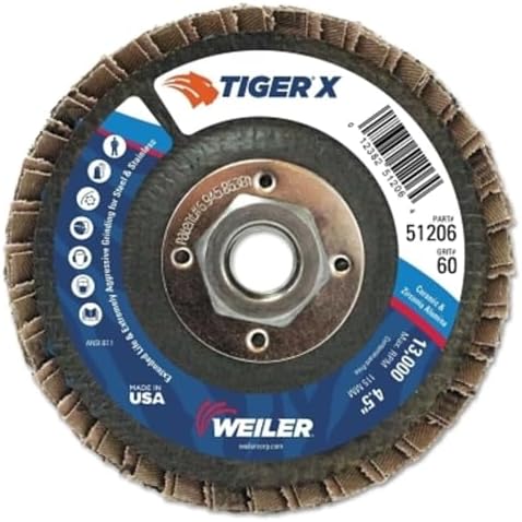 Weiler 51206 Tiger X Flap Disc, Ceramic and Zirconia Alumina, Angled, Phenolic Backing, 60 Grit, 4-1/2", 5/8"-11 UNC Nut (Pack of 10), Type 29 5/8"-11 Hub