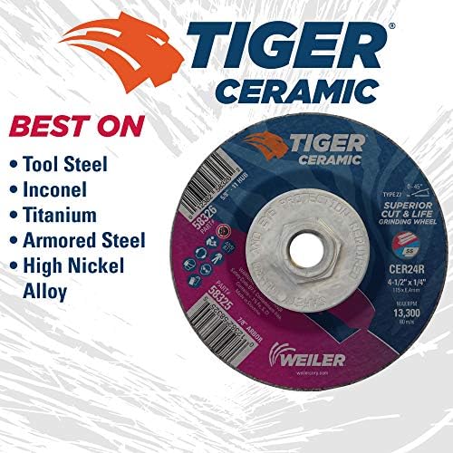 Weiler 58326 4-1/2 x 1/4 Tiger Ceramic Type 27 Grinding Wheel CER24R 5/8-11 Nut (Pack of 10)