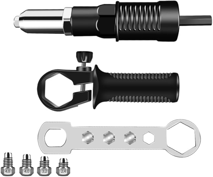 Rivet Gun Adapter Kit,Electric Power Drill Rivet Attachment,Easy Processing for Pop Riveting Work,with 4 Rivet Heads 2.4mm 3.2mm 4.0mm 4.8mm