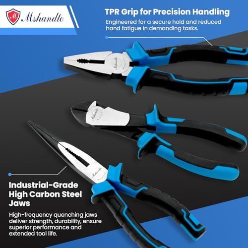 3 Pieces Plier Set, 8" Needle Nose Pliers, 8" Linesman Pliers and 7" Diagonal Cutting Pliers, Premium High Carbon Construction for Cutting, Plumbing, and General Applications Multi-use Tools