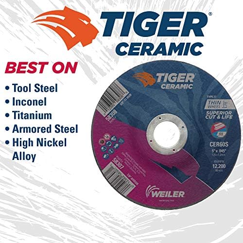 Weiler 58307 5 Inch Cutting Wheel, Tiger Ceramic Stainless Steel Superior Life & Cut Contaminant Free Max Performance Cutting, .045" CER60S Type 27 7/8" Arbor, Pack of 25