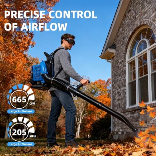 63CC Gas Backpack Leaf Blower, 2-Stroke Engine, 665 CFM, 205 MPH for Lawn Care, Yard Debris & Snow Removal