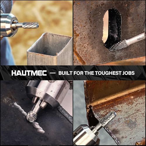 HAUTMEC Tungsten Carbide Rotary Burr Bit YG6, 1/4" Shank Double Cut Die Grinder Bit, Low Vibration Precision Rotary File for Metal Grinding, Engraving & Deburring (6MM Cylindrical Ball End), HT0198