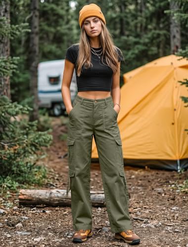 Eddoyee Cargo Pants for Women Elastic High Waisted Wide Leg Hiking Pants