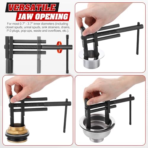 Adjustable T Handle Tub Drain Wrench Strong Grip for 0.7-3.7 inch Drains Removes Old, Broken, Stubborn Bath & Shower Drains & Closet Spuds Strong Applicability Essential Plumbing