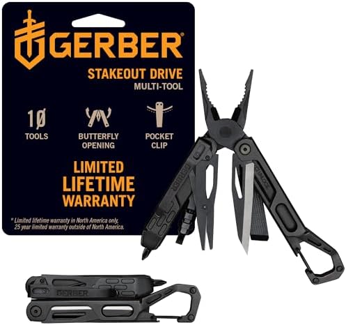 Gerber Gear Stakeout Drive - 10-in-1 Butterfly-Opening Multitool with Needlenose Pliers, Oversized Flip Bit Driver, Plain Edge Blade, Chisel, Bottle Opener, Pocket Clip & Carabiner Carry - Black