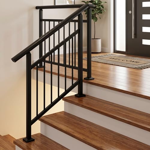 Hand Rails for Outdoor Steps，Stair Handrail & Indoor Stair Railing Kit，Railings for Outdoor Steps for Fence & Outdoor Steps (2, Black-with Balusters, 3 Step)