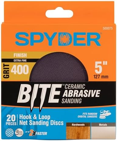 Spyder 20-Pack 400 Grit Sanding Discs, Ceramic Net, 5-Inch Hook and Loop, for Random Orbital Sander (500075)