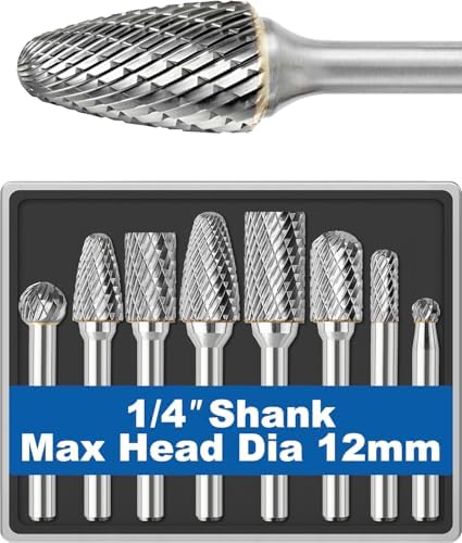Sworker 8Pcs Carbide Burr Set 1/4 Shank w/Clear Box Max Head Dia 12mm Die Grinder Bits Rotary Tools Attachment Kit Rasp Accessories Metal Wood Stone Steel Grinding Deburring Cutting Porting Carving