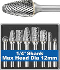 Sworker 8Pcs Carbide Burr Set 1/4 Shank w/Clear Box Max Head Dia 12mm Die Grinder Bits Rotary Tools Attachment Kit Rasp Accessories Metal Wood Stone Steel Grinding Deburring Cutting Porting Carving