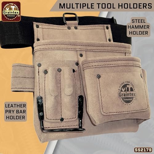 Graintex 5 Pocket Suede Leather Tool Belt/Bag, Multipurpose Leather Tool Belt for Women and Men, Ideal for Construction, Electrician, Handymen, Carpenter, Gardening Pouch & DIY Projects