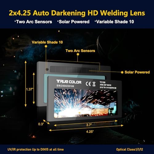 HD Shade 10 2x4 1/4 Auto Darkening Welding Lens,True Color Blue Welding Lens,HD and True Color Technology,Solar Charging,Fit Most Pancake and Pipeliner Welding Hoods,Auto Darkening Welding Lens 2x4.25