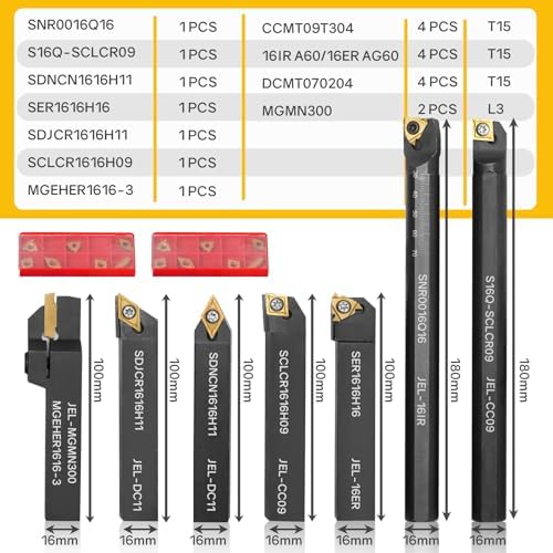 Indexable Lathe Turning Tool 21Pcs Kit 5/8'' 16mm Shank 7 Pcs Metal Lathe Tool Holder Set with 14 Pcs Turning Inserts for Turning Grooving Threading Boring Carbide Inserts Carbide Turning Tool