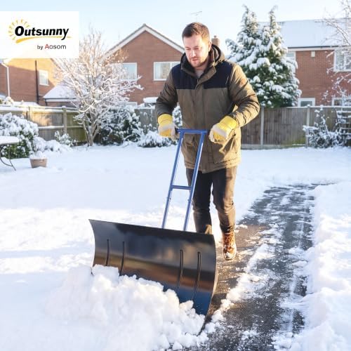 Outsunny Snow Shovel with Wheels, 29" x 18" Metal Snow Pusher, Blue