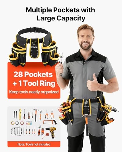 VEVOR Tool Belt, Magnetic Tool Pouch for Men, 28 Pockets Heavy Duty Adjustable Utility Belt Detachable Work Bag for Electrician, Carpenter, Construction, Work Apron Organizer, Waist Adjust 31 to 48in