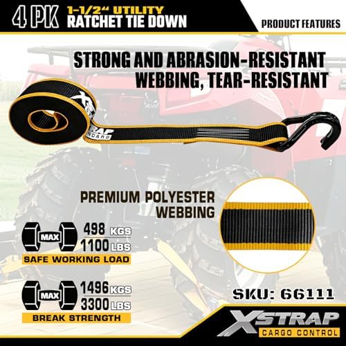XSTRAP STANDARD 4-PK Heavy Duty Ratchet Tie Down Straps, Ammo Storage Box | 1.5"x16FT Motorcycle Straps with Double J Hooks with Ergonomic T-Handle, 3300 lbs Break Strength for Truck, ATV, Trailer, UTV