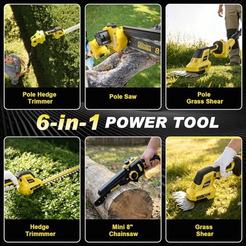 6-IN-1 Cordless Pole Saw & Pole Hedge Trimmer Combo Kit, Dual 4.0Ah Batteries, 8" Brushless Chainsaw, 16" Electric Hedge Trimmer, 6" Grass Shears, 14.92Ft Long Reach, Bush Trimmer for Tree Shrubs