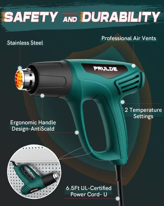 PRULDE Heat Gun, 1500W Dual Temperature Settings 572°F~1112°F Fast Heating Hot Air Gun with 6.5Ft Power Cord/4 Nozzles/Overload Protection for Crafts, Shrink Wrapping/Tubing, Paint Removing(N2190)
