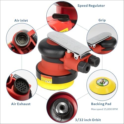3 inch Mini Palm Air Sander, MAX 12000 RPM 3/32" Orbit Random Orbital Pneumatic Polisher, for Auto Body Woodworking Metal, with 12 Sandpapers & Extra Backing Pad
