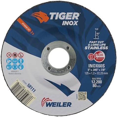 Weiler 58111 5 Inch Cutting Wheel, Tiger Inox Stainless Steel Contaminant-free High Performance Cutting, .045" INOX60S Type 27 7/8" Arbor, Pack of 25