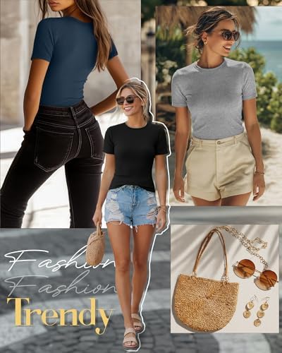 Ficerd 3 Pack Women's Ribbed Short Sleeve T-Shirts
