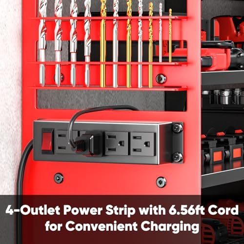 POKIPO Large Power Tool Organizer Wall Mount with Charging Station,4 Layer Heavy Duty Metal Tool Storage Shelf Loads 600lbs,Battery Utility Rack With 4 Outlet Power Strip with 8 Cordless Drill Holder
