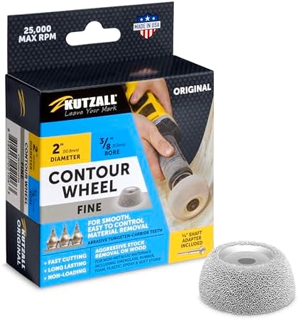 Kutzall Original Contour Wheel, 2" (50.8mm) Dia. X 3⁄8" (9.5mm) Bore, Fine - Wood Carving Die Grinder Accessory for Milwaukee, DeWalt, Bosch. Adapter Included. Abrasive Tungsen Carbide, CW200O230
