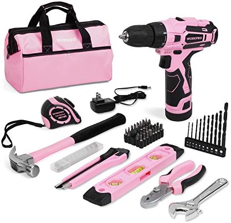 WORKPRO 12V Pink Cordless Drill Driver and Home Tool Kit, Hand Tool Set for DIY, Home Maintenance, 14-inch Storage Bag Included - Pink Ribbon