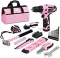 WORKPRO 12V Pink Cordless Drill Driver and Home Tool Kit, Hand Tool Set for DIY, Home Maintenance, 14-inch Storage Bag Included - Pink Ribbon