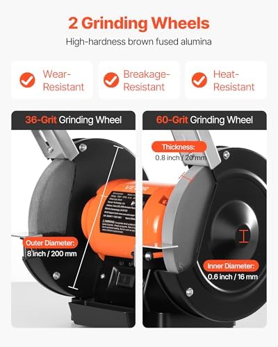 VEVOR Bench Grinder, 8-inch Single Speed, 3450RPM High-Speed Table Grinders with 750W 6.2A 1.0Hp Induction Motor, 36/60-Grit Grinding Wheel & Adjustable Eye Shield for Fast Sharpening Grinding