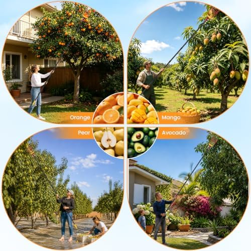 18FT Reach Fruit Picker with Basket, Apple Picking Tool Telescoping Pole, Long-Handle Mango Grabber, Tree Fruit Catcher for Harvesting Lemon Pear Orange Avocado Peach Citrus Grapefruit