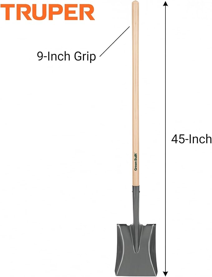 Truper Tru Built Square-Point Shovel, 45-Inch Wood Handle with 9-Inch Cushion Grip, Rolled Step Steel Blade, Heavy-Duty Scooping and Transfer Shovel (Model PCL-PE / 31174)