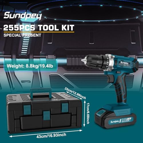 Sundpey 255-PC Portable Home and Auto Tool Kit Set with 21V Cordless Drill