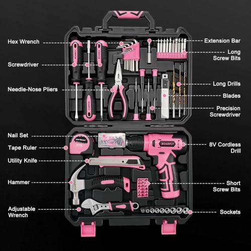 157-Piece Pink Tool Set, 8V Cordless Drill Set, Tool Kit for Women & Women
