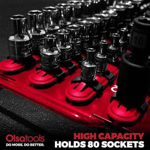 Olsa Tools 80-Slot Portable Socket Organizer Tray With Handle Red/Black | Socket Tray With Clips for 1/4-Inch, 3/8-Inch & 1/2-Inch Drive Sockets - Professional-Grade Tool Organizer - Part: 1047