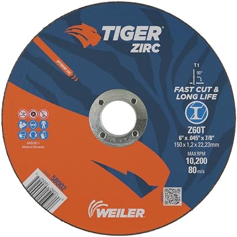 Weiler 58002 6 Inch Cutting Wheel, Tiger Zirc Steel/Metal Fast Cut & Long Life High Performance Cutting, .045" Z60T Type 1 7/8" Arbor, Pack of 25