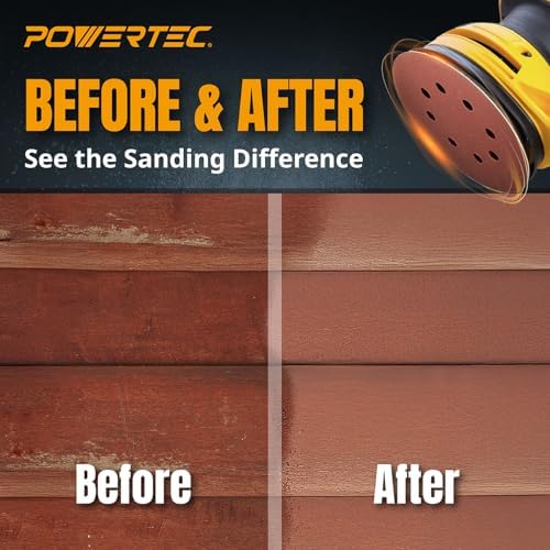POWERTEC 25PK, 60 Grits, Sanding Discs 5 Inch - Hook and Loop, 5 Inch 8 Hole Aluminum Oxide Sandpaper Discs, Woodworking Sanding Pads for Random Orbital, Palm, Air, DA & Pneumatic Sander (45006)