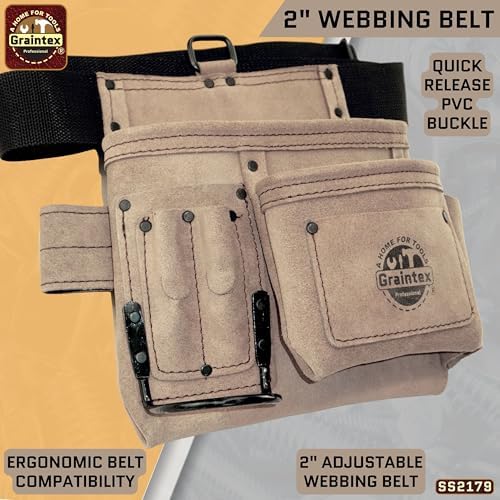 Graintex 5 Pocket Suede Leather Tool Belt/Bag, Multipurpose Leather Tool Belt for Women and Men, Ideal for Construction, Electrician, Handymen, Carpenter, Gardening Pouch & DIY Projects