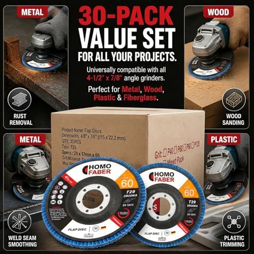 HOMO FABER 30 Pack Flap Discs 4 1/2 for Angle Grinder, 60 Grit Zirconia T29