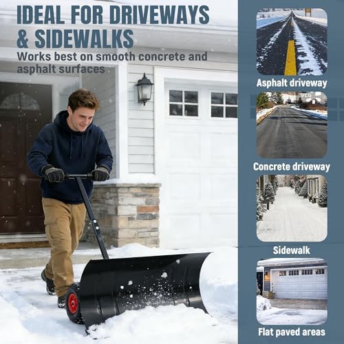 29" Push Snow Shovel with Wheels for Driveway, Heavy Duty Metal Wheeled Snow Pusher Hand Plow with Adjustable Angle & Height Ergonomic Handle for Snow Removable, 29"x14" Blade