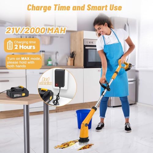 Qimedo Q2 Pro Cordless Electric Spin Scrubber, 1500 RPM High Power with Display, Effortless Handle, 16 Replacement Brush Heads for Tub, Tile, Floor, Compatible Qimedo, Leebein, Keimi, Alloyman, Bomves
