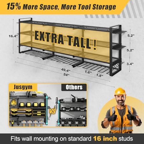 49''W Power Tool Organizer Wall Mount, 650LBS, 4 Tier, 12 Drill Holders