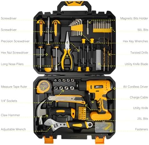 Drill Set, Tool Kit with 8V Power Cordless Drill, Household Repair Tool for Men Women, 154 Piece for Home, Car, Garage, Portable Toolbox Storage Case