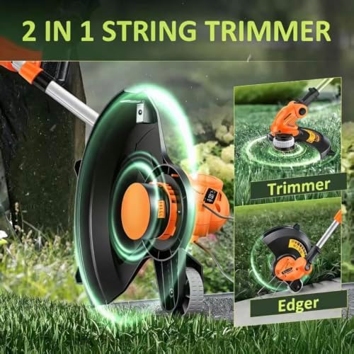 20V Electric Weed Wacker Edger Lawn Tool, Battery Powered Weed Eater 12-Inch Cordless String Trimmer Grass Trimmer Lightweight Yard Tools for Garden, Lawn Mower Cutter with 2 2.0Ah Battery Orange
