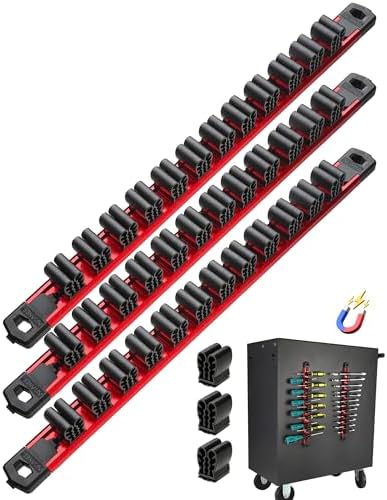 ALOANES 3PC Magnetic Screwdriver Organizer - 36 Slot Aluminum Alloy Rail for Toolbox & Metal Pegboard, Strong Magnetic Holder for Wrenches, Pliers, Workshop Garage Storage(Red)