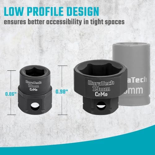 DURATECH 10-Piece 3/8" Drive Stubby Impact Socket Set for Narrow Spaces | 10mm-19mm, Metric, Cr-Mo Steel, Size Markings, for Tight Spaces, Organized in Magnetic Storage Rail, for Automotive Repairs